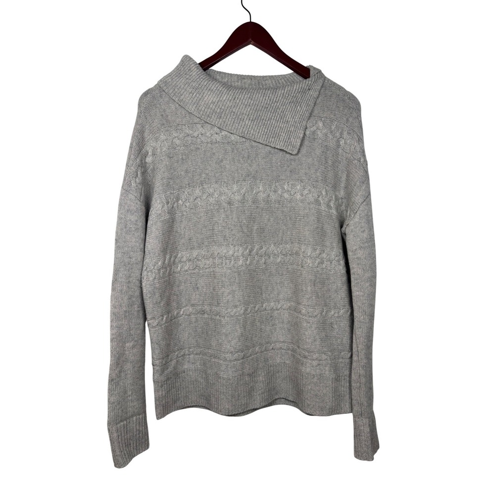 Rachel Zoe M Split Neck Sweater Heather Gray 100% Cashmere Cable‎ Knit Pullover